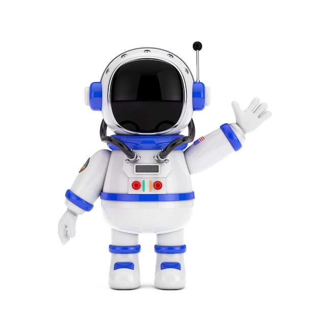 Lindo mascota de dibujos animados personaje astronauta persona agitando la mano sobre un fondo blanco renderización en 3D
