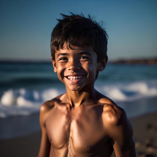 Lindo menino posando na praia no parque