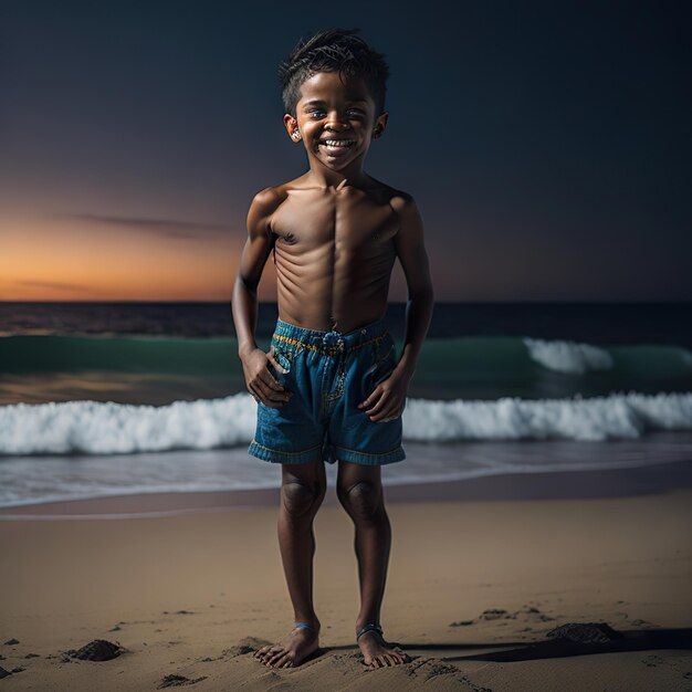 Lindo menino posando na praia no parque