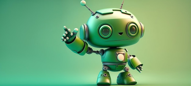 Lindo mini robot señalando con el dedo el espacio de copia sobre fondo verde IA generativa