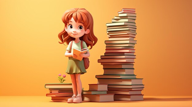 Un lindo modelo 3D de una chica y un montón de libros.