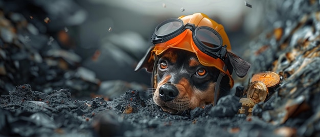 Un lindo modelo 3D de un perro con un casco de minero cavando a través del terreno digital desenterrando Bitcoins como si fueran tratamientos de alta resolución
