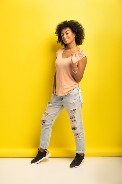 Lindo modelo feminino afro-americano, posando no estúdio.