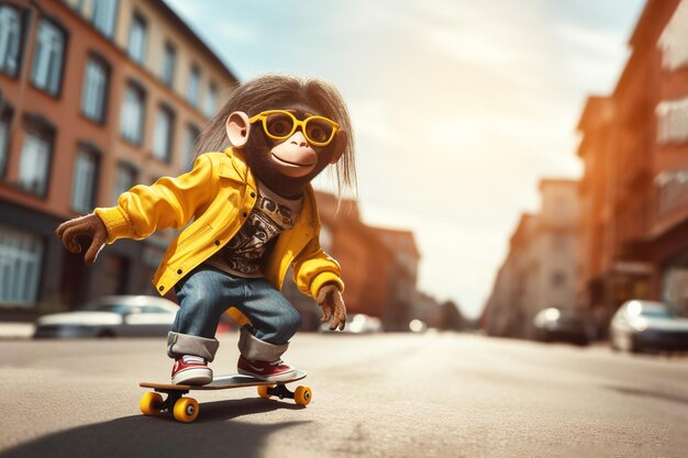 Lindo mono adolescente con gafas de sol chaqueta amarilla monta en patineta por la calle personaje animal