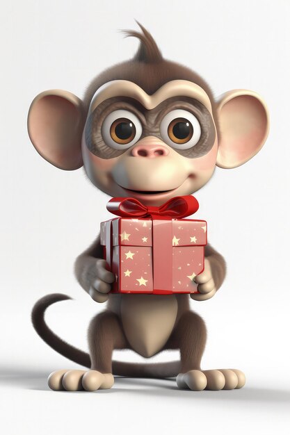 Foto lindo mono de dibujos animados con ojos muy grandes con una gran caja de regalo lazo rojo ia generativa
