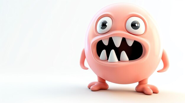 Lindo monstruo de dibujos animados en 3D con ojos grandes y dientes afilados El monstruo es rosado y tiene un cuerpo redondo