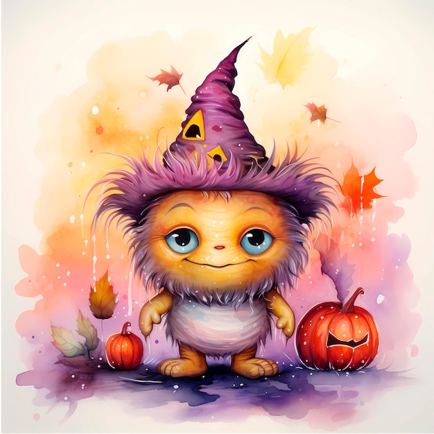 Lindo monstruo de Halloween Ilustración en acuarela