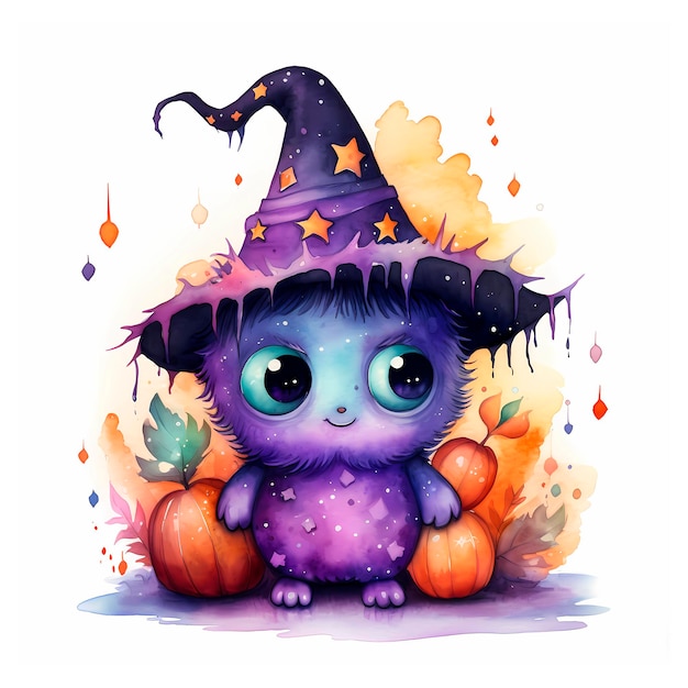 Lindo monstruo de Halloween Ilustración en acuarela