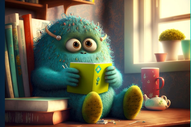 Lindo monstruo lee libros y se sienta en la biblioteca con una taza de té generativo ai