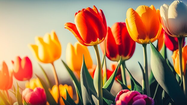 lindo monte de tulipas de cores diferentes no céu azul