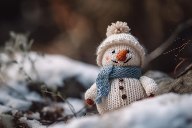 Lindo muñeco de nieve con accesorios azules de invierno hechos de tejido IA generativa