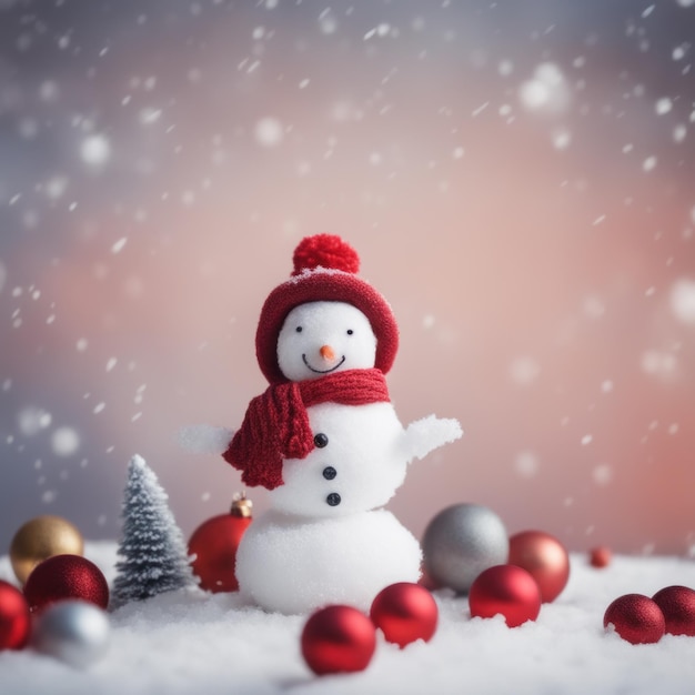 Lindo muñeco de nieve con bufanda roja en una zona nevada y fondo claro bokeh