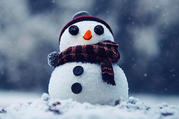 Lindo muñeco de nieve feliz juguete sobre fondo de invierno