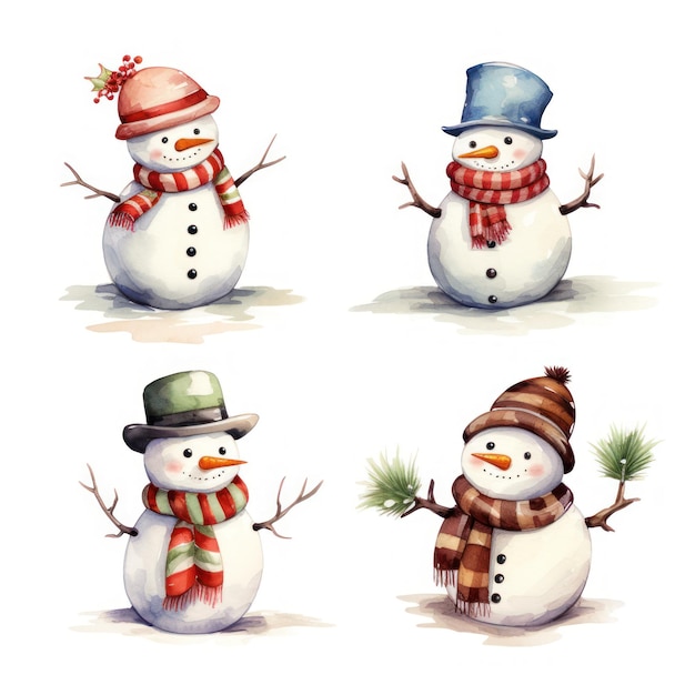 Lindo muñeco de nieve de Navidad Clipart Ilustración sobre fondo blanco AI generado