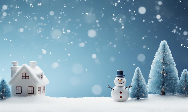 Lindo muñeco de nieve pequeña casa y paisaje boscoso de nieve decoración de invierno y fondo