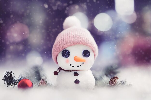 Lindo muñeco de nieve de pie en el campo cubierto de nieve en invierno Navidad y feliz año nuevo tarjeta de felicitación