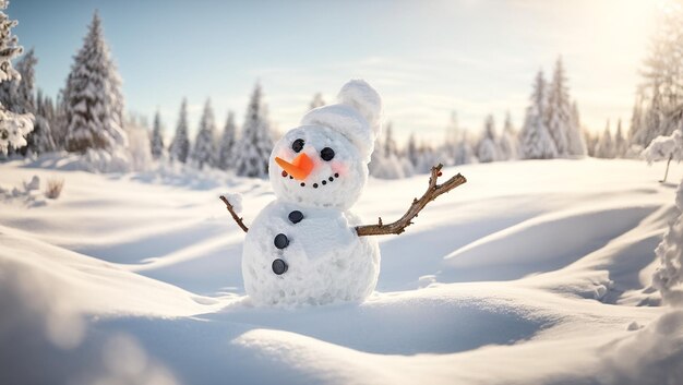 Lindo muñeco de nieve en un prado nevado