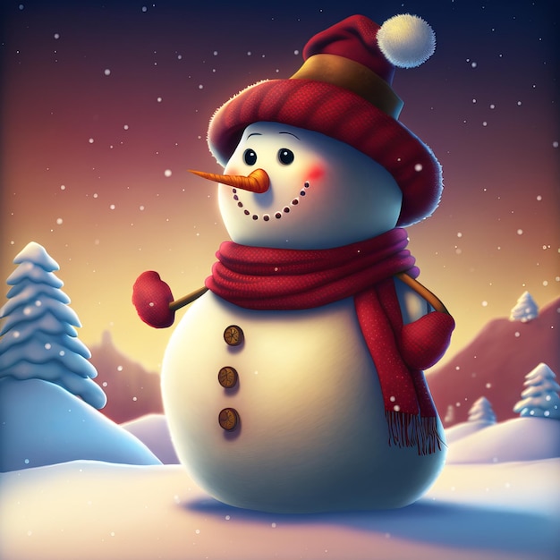 Lindo muñeco de nieve sonriente con sombrero rojo y bufanda en el fondo de invierno con abetos y copos de nieve Ilustración de Navidad
