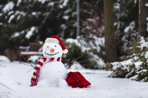 Lindo muñeco de nieve con su traje rojo