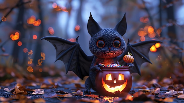 Un lindo murciélago de dibujos animados sosteniendo un cubo de dulces de calabaza de Halloween en un bosque espeluznante por la noche El morcego tiene grandes ojos y una expresión amistosa