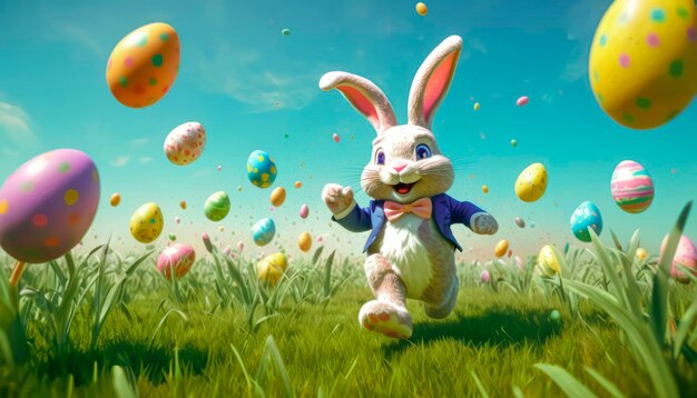 Un lindo y muy alegre conejo de Pascua corre a lo largo de un césped verde rodeado de huevos de Pascua y dulces