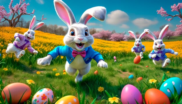 Un lindo y muy alegre conejo de Pascua corre a lo largo de un césped verde rodeado de huevos de Pascua y dulces