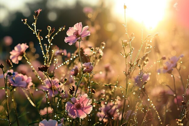 Lindo nascer do sol da manhã de primavera sobre um prado verde fresco com margaridas