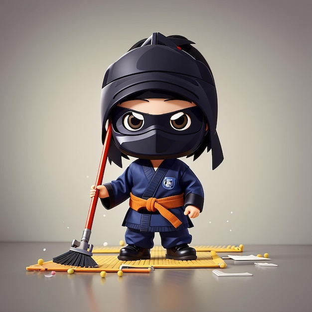 Lindo Ninja limpeza chão com Mop desenho animado Ícone vetorial Ilustração Pessoas Ícone de Feriado Conceito Isolado Premium Vector Flat Estilo de Cartoon