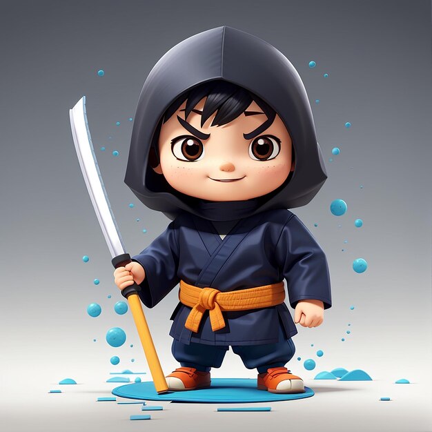 Foto lindo ninja limpieza de pisos con fregón icono vectorial de dibujos animados ilustración de personas icono de vacaciones concepto aislado estilo de dibujo animado plano vectorial premium