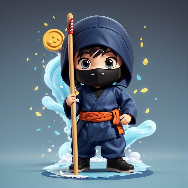 Foto lindo ninja limpieza de pisos con fregón icono vectorial de dibujos animados ilustración de personas icono de vacaciones concepto aislado estilo de dibujo animado plano vectorial premium