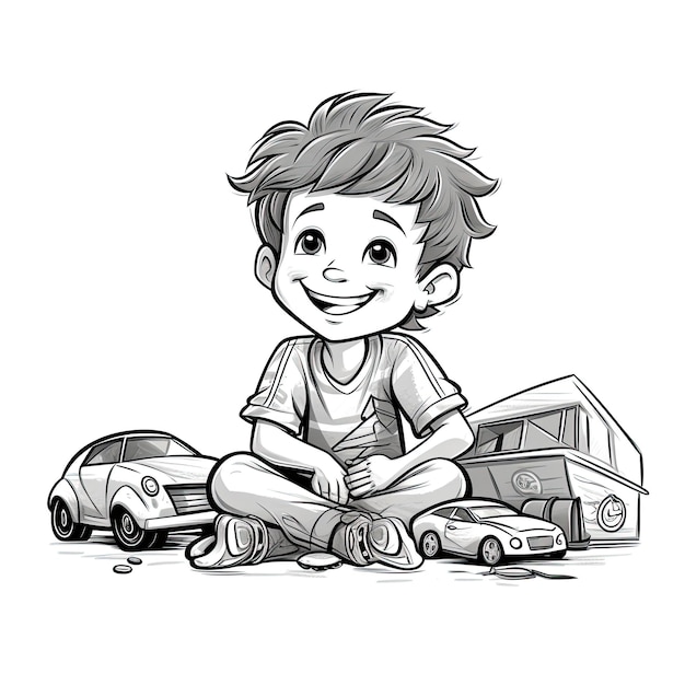 Foto lindo niño de 1er grado sonriendo y jugando con autos de juguete estilo pixar niños para colorear página