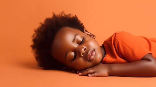 El lindo niño africano acostado en el suelo durmiendo con los ojos cerrados en un fondo de color rojo claro