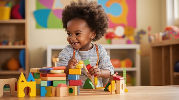 Lindo niño afroamericano aprendiendo a jugar con bloques de madera en la casa