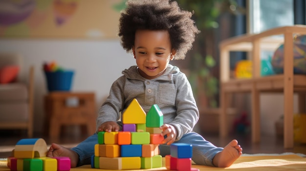 Lindo niño afroamericano aprendiendo a jugar con bloques de madera en la casa