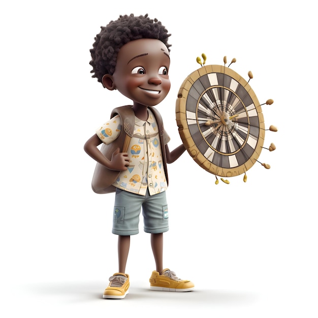 Lindo niño afroamericano sosteniendo una rueda grande aislado sobre fondo blanco.