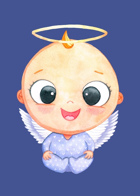 Foto lindo niño ángel de navidad artoon. ilustración acuarela sobre fondo azul