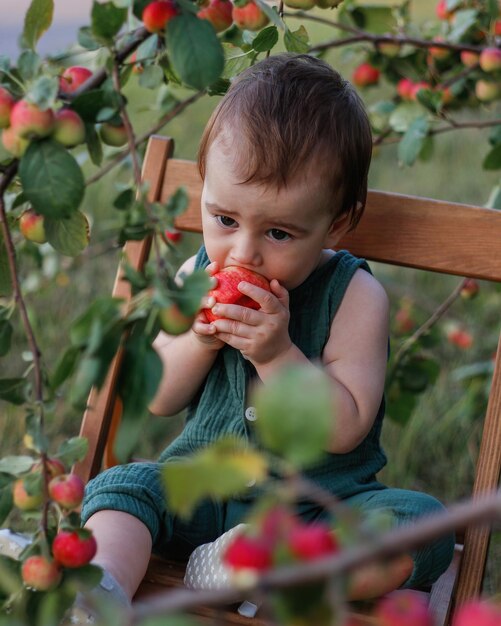 Lindo niño de un año con placer come una manzana en un jardín de manzanas El niño tiene un gran apetito