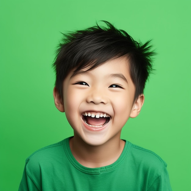 Un lindo niño asiático con pelo corto posa para una fotografía