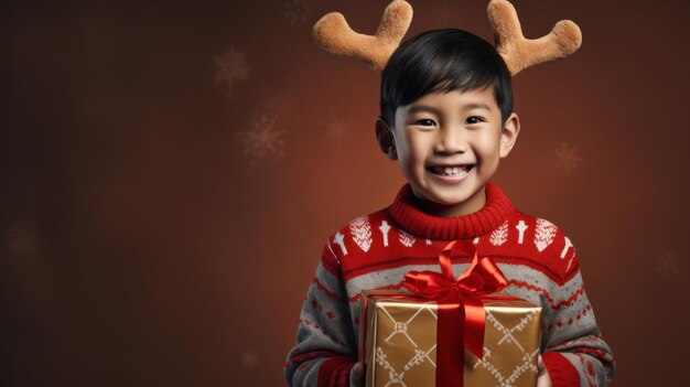 lindo niño asiático con regalo de Navidad en fondo marrón IA generativa