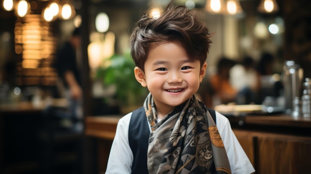 Foto el lindo niño asiático está siendo cortado por la peluquera en la barbería.