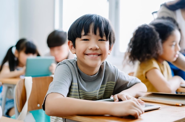 Lindo niño asiático sonriendo mirando a la cámara y usando una computadora portátil en la clase de computación en la escuela primaria Tecnología escolar de educación y concepto de internet