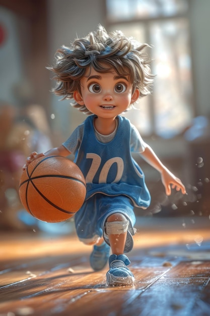 El lindo niño atleta de dibujos animados juega baloncesto en primer plano extremo IA generativa