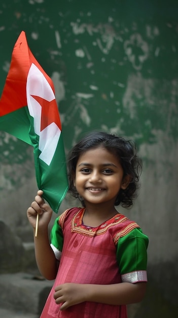 Un lindo niño de Bangladesh con la bandera de Bangladesh