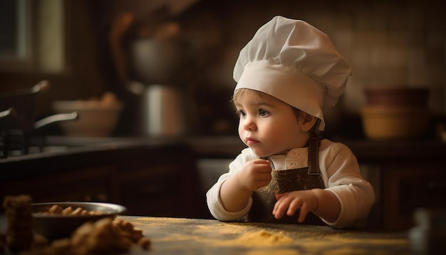 Lindo niño caucásico chef horneando galletas en el interior generado por AI