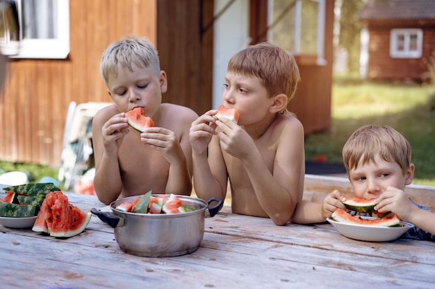 Lindo niño caucásico comiendo sandía en el campo