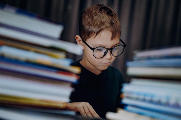 Lindo niño caucásico con gafas que cubren la cabeza con el libro niño alegre que mira a escondidas detrás de montones de ...