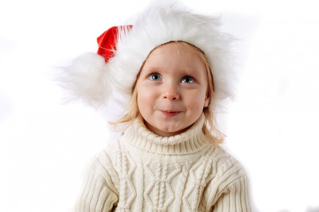 Lindo niño caucásico en Santa Hat Closeup retrato