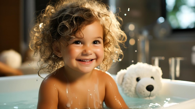 Lindo niño caucásico sonriendo en la bañera disfrutando de la limpieza