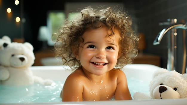 Lindo niño caucásico sonriendo en la bañera disfrutando de la limpieza