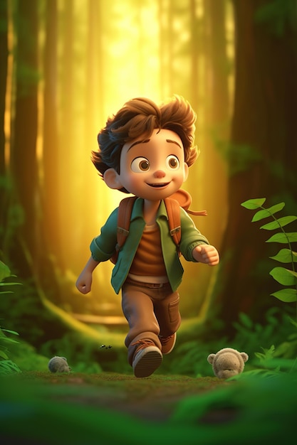 Un lindo niño corre en la ilustración del bosque.